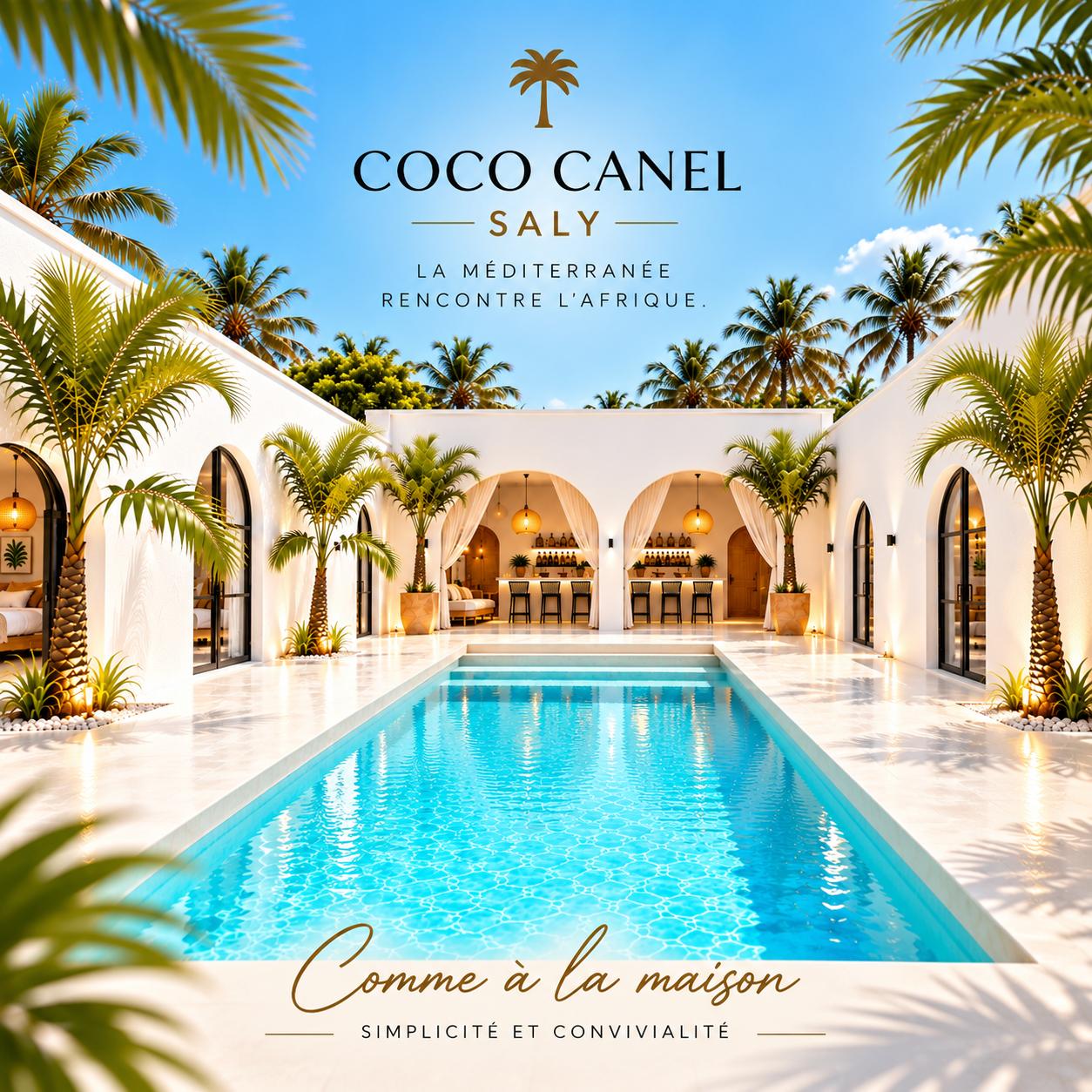 Coco Canel Saly – patio blanc avec piscine et palmiers, la Méditerranée rencontre l'Afrique. Comme à la maison, simplicité et convivialité.